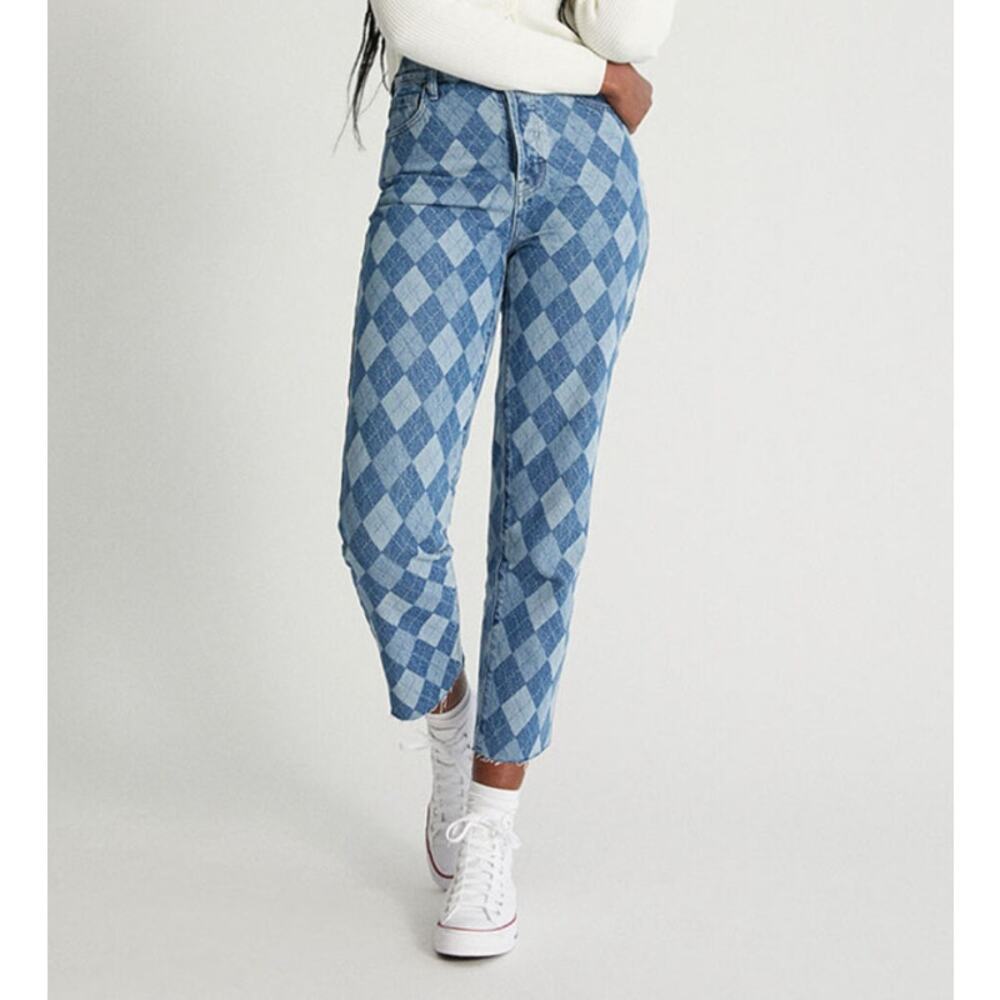 PacSun Eco Diamond Print High Waisted Straight Leg Jeans Raw Hem Blue Womens 29